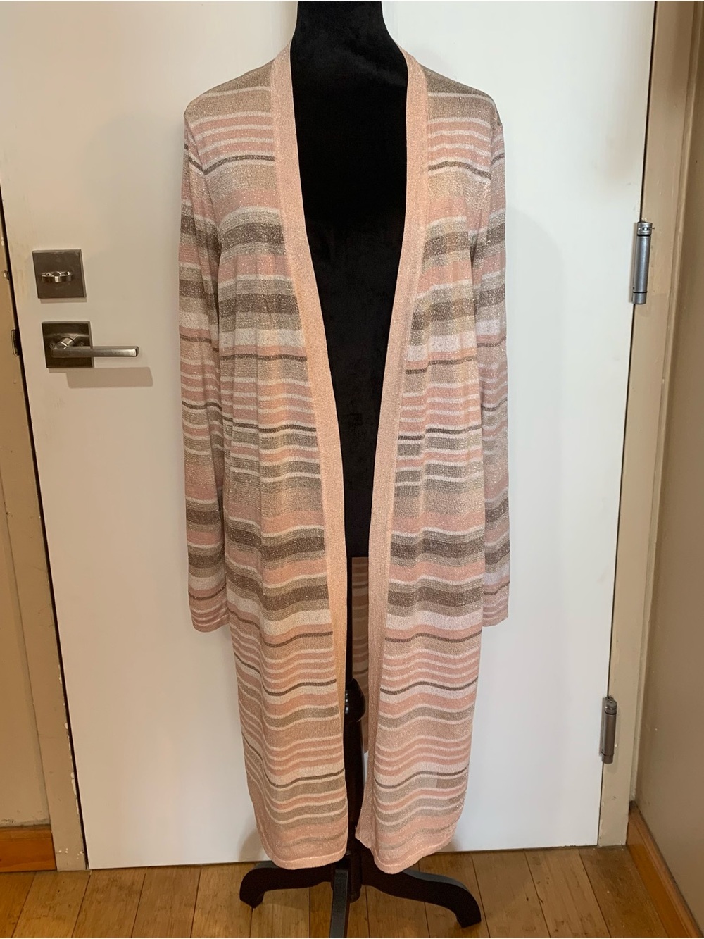 Chico’s 3 Metallic Threading Soft Knit Pink Stripe Open Front Cardigan